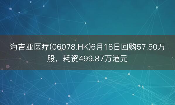 海吉亚医疗(06078.HK)6月18日回购57.50万股，耗资499.87万港元